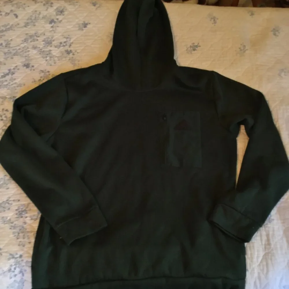 Adidas Hoodie Pullover Sweatshirt Mens Dark Green Zip Kangaroo Pocket Sz L